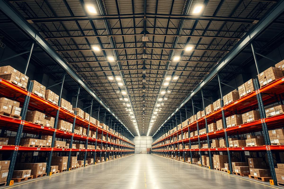High-bay LED lighting installed across a modern warehouse
