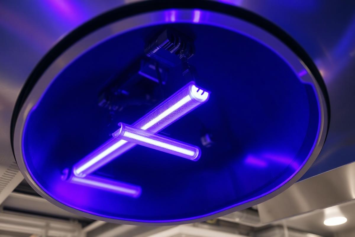 UV-C germicidal lamps glowing inside a commercial HVAC air handler